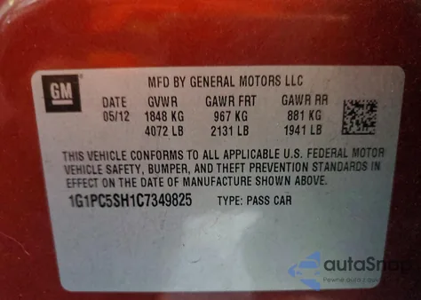 2012 Chevrolet Cruze Ls z USA, uszkodzony, nr VIN 1G1PC5SH1C7349825